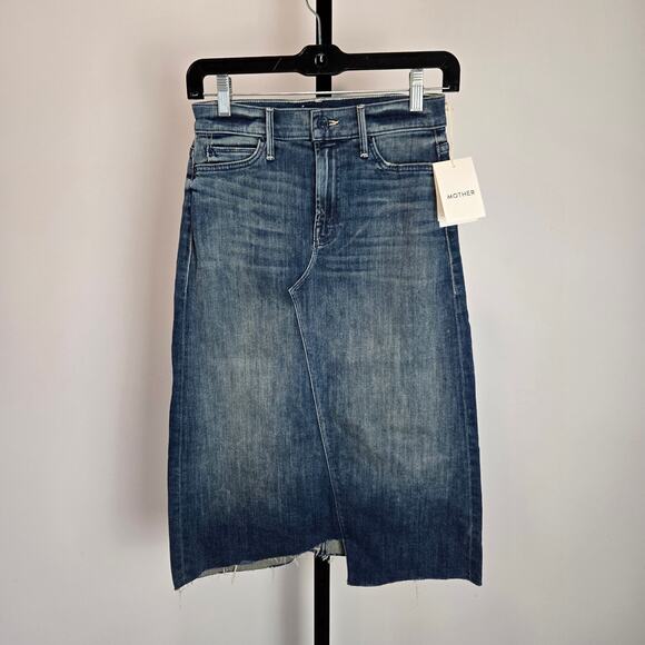 NWT Mother Straight A Step Midi Fray Denim Jean Skirt Field of Dreams 24